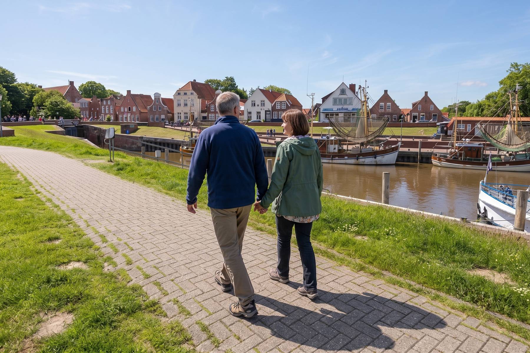 Paar spaziert über den Deichweg bei Greetsiel an der Nordsee